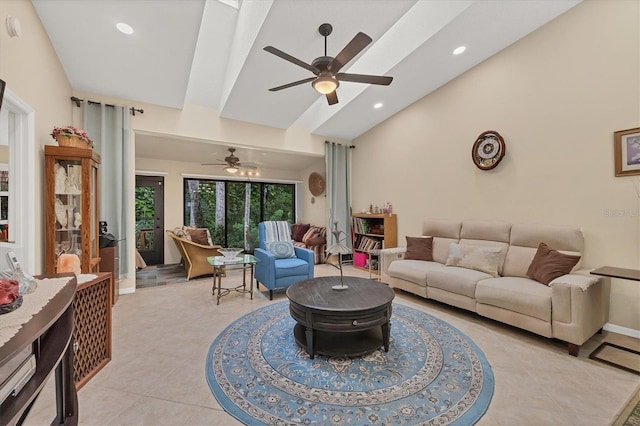 tiled living room with ceiling fan