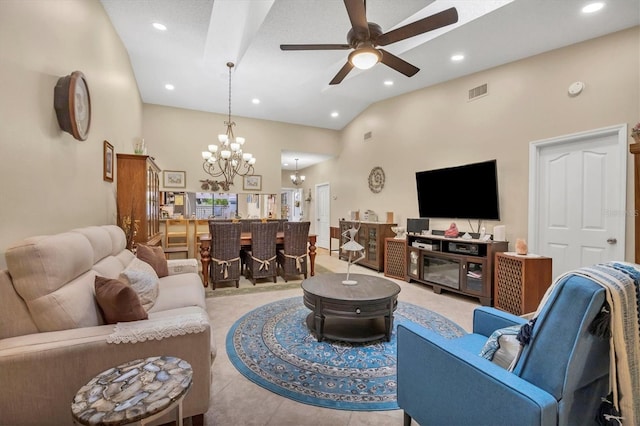 tiled living room with high vaulted ceiling, ceiling fan with notable chandelier, and bar