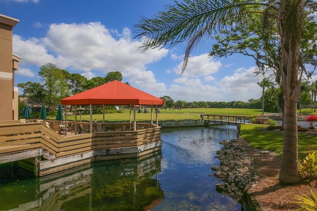 dock area featuring a water view and a gazebo