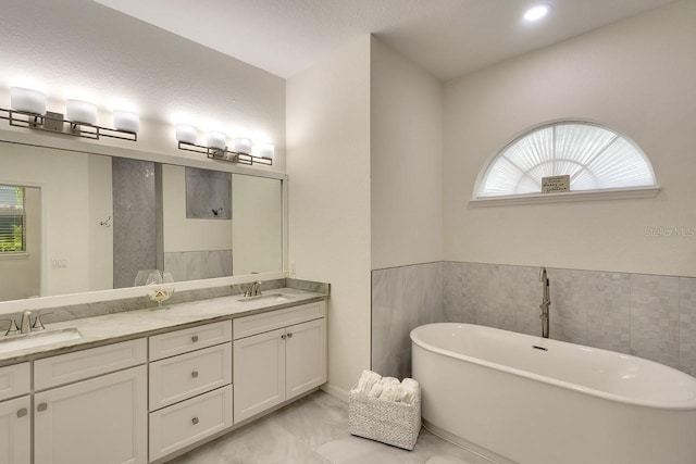 bathroom featuring a freestanding bath, double vanity, and a sink