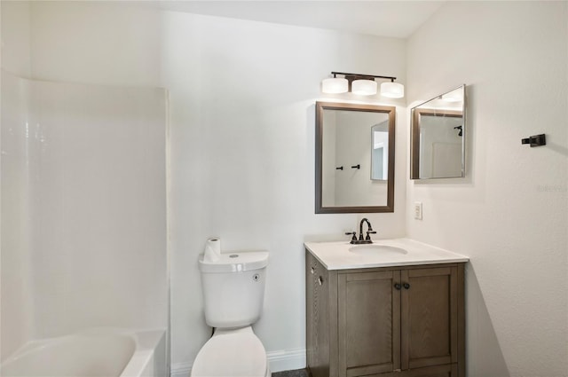 bathroom featuring toilet,  shower combination, and vanity