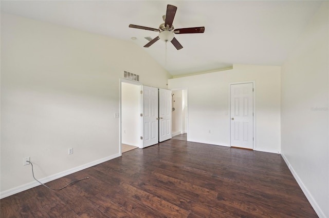 spare room featuring high vaulted ceiling, hardwood / wood-style floors, and ceiling fan