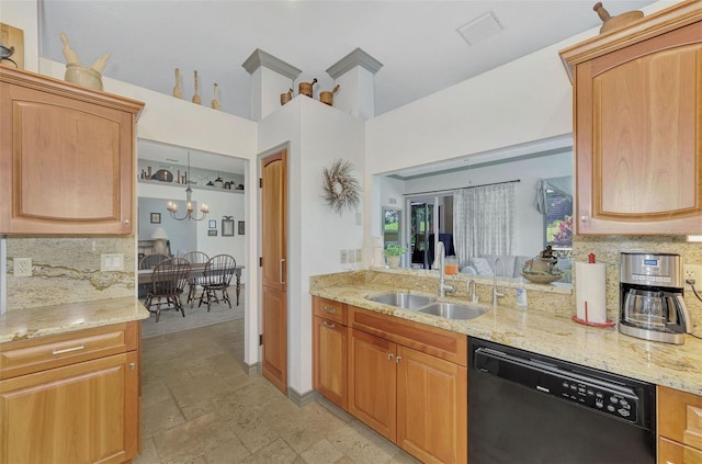 kitchen featuring tasteful backsplash, sink, decorative light fixtures, and black dishwasher