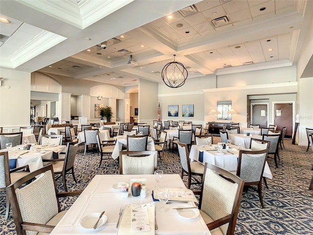 dining room featuring beam ceiling, a towering ceiling, carpet floors, and coffered ceiling