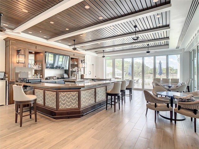 kitchen featuring light wood-type flooring, plenty of natural light, and wooden ceiling