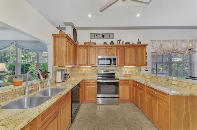 kitchen with plenty of natural light, sink, appliances with stainless steel finishes, and tasteful backsplash