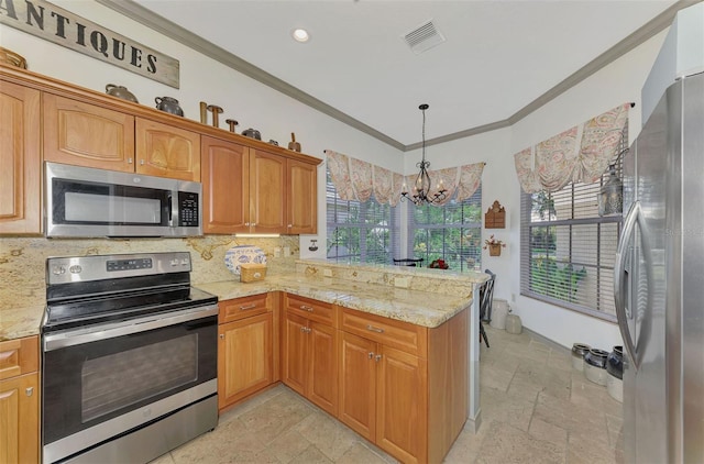 kitchen featuring kitchen peninsula, backsplash, stainless steel appliances, decorative light fixtures, and an inviting chandelier