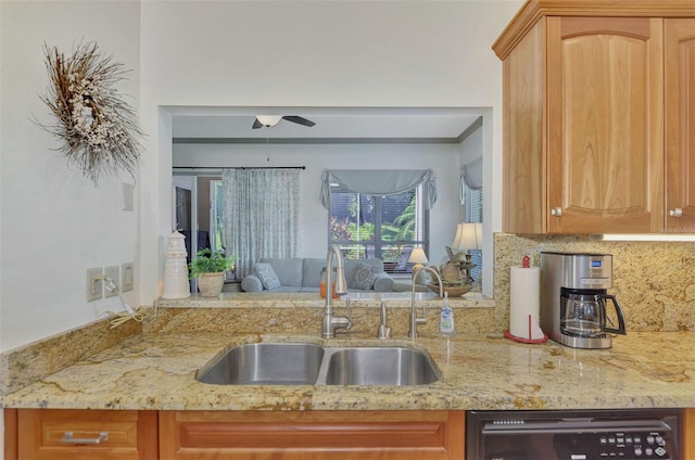 kitchen with dishwasher, ceiling fan, sink, and tasteful backsplash