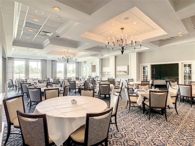 carpeted dining space with coffered ceiling and a notable chandelier