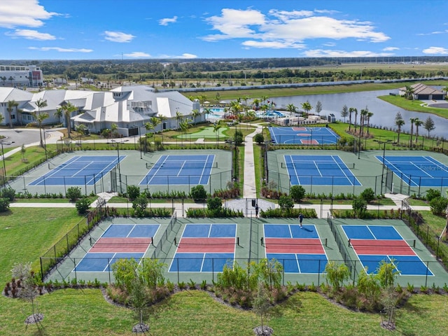 birds eye view of property featuring a water view