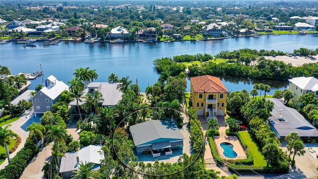 drone / aerial view featuring a water view