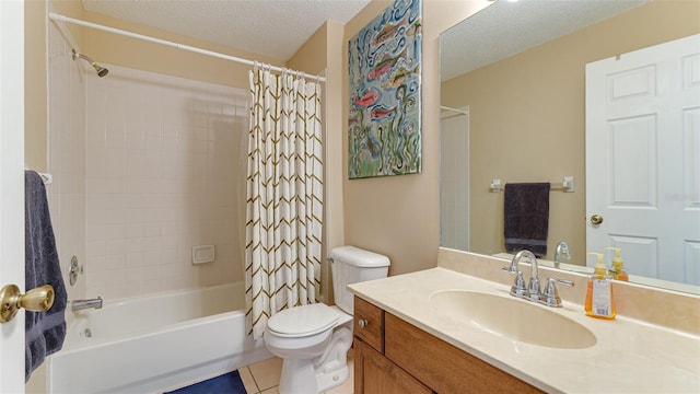 full bathroom featuring vanity, tile patterned floors, a textured ceiling, toilet, and shower / bath combo