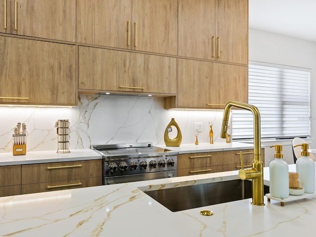 kitchen with light stone countertops, stainless steel range, backsplash, and a sink