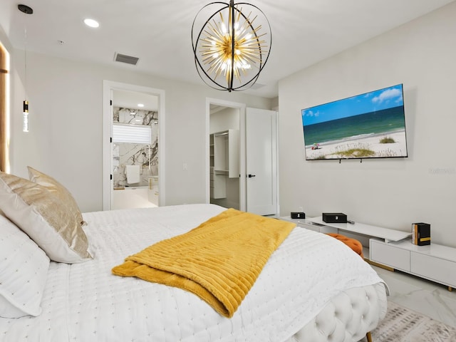 bedroom featuring ensuite bathroom, recessed lighting, visible vents, marble finish floor, and an inviting chandelier