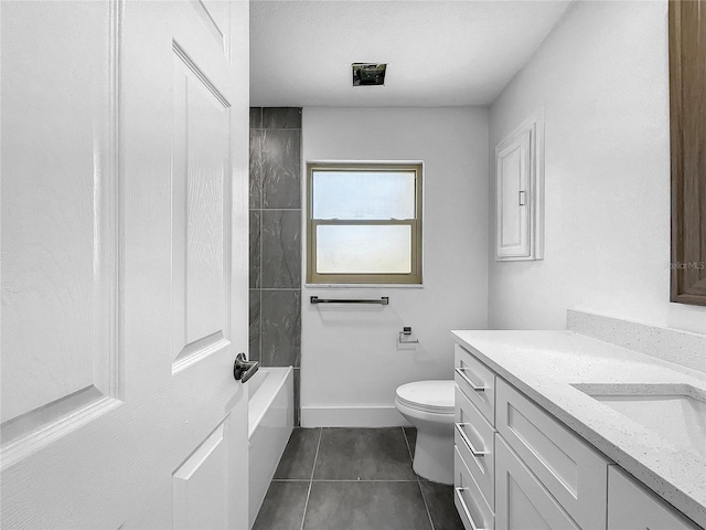 full bath featuring toilet, tile patterned flooring, shower / tub combination, and vanity