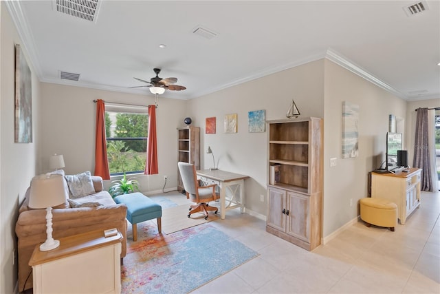 living room with ceiling fan, ornamental molding, and light tile patterned floors