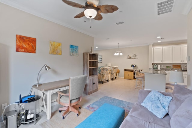 office area featuring light tile patterned floors, ceiling fan with notable chandelier, and crown molding