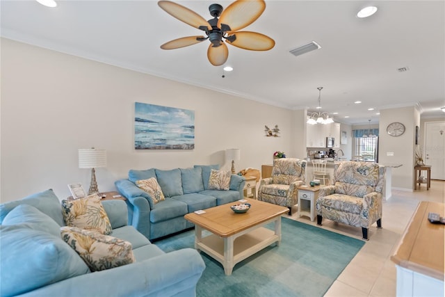 living room featuring recessed lighting, visible vents, crown molding, and light tile patterned floors