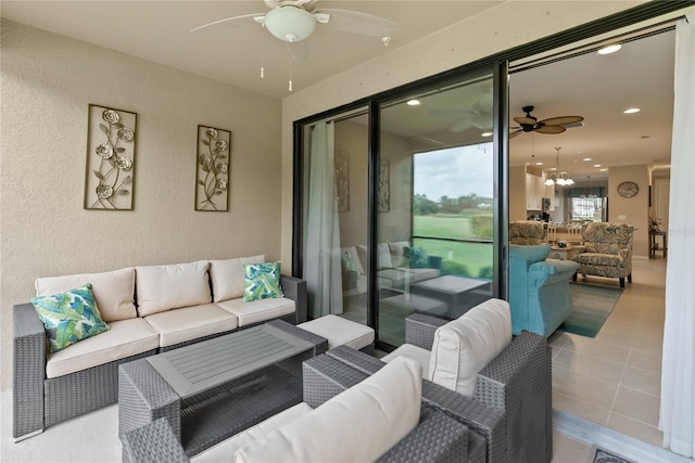 view of patio featuring an outdoor hangout area and a ceiling fan