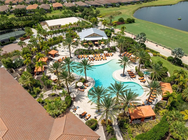 drone / aerial view with a water view