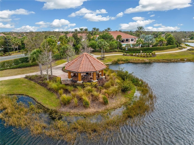 view of home's community featuring a water view and a gazebo