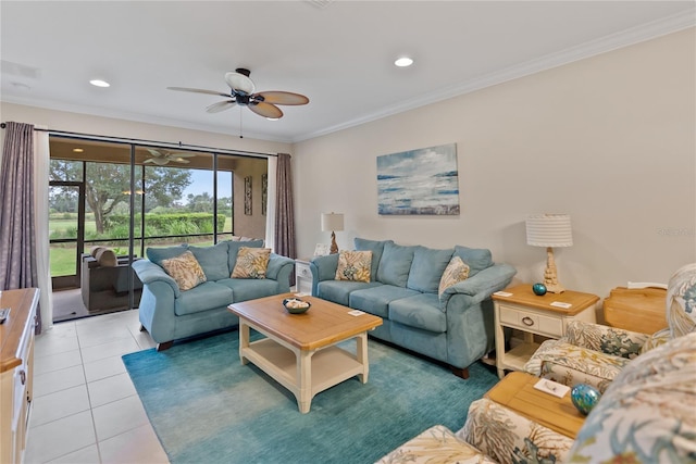 living room with light tile patterned floors, recessed lighting, visible vents, ornamental molding, and ceiling fan