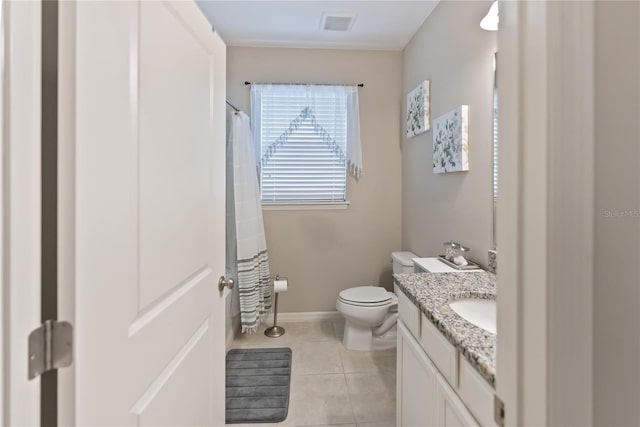 bathroom with a shower with shower curtain, toilet, vanity, baseboards, and tile patterned floors