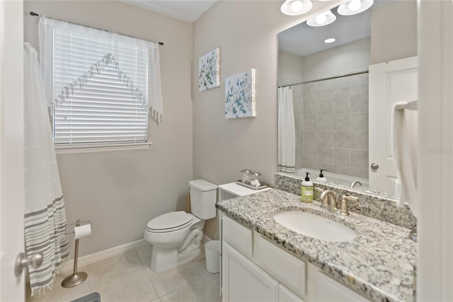 full bathroom with baseboards, toilet, curtained shower, tile patterned flooring, and vanity