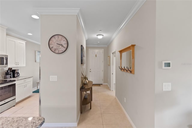 hall featuring light tile patterned floors, recessed lighting, baseboards, and crown molding