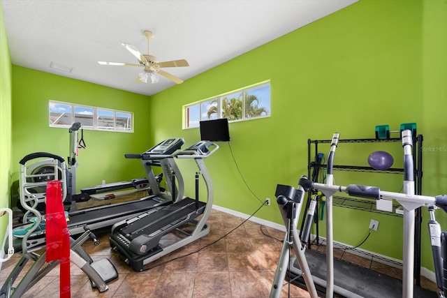 workout room featuring ceiling fan