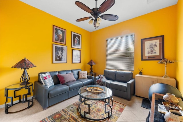 tiled living room featuring ceiling fan