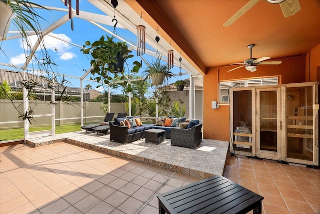 view of patio with ceiling fan and an outdoor hangout area