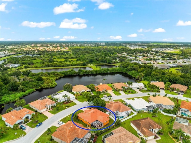 bird's eye view with a water view