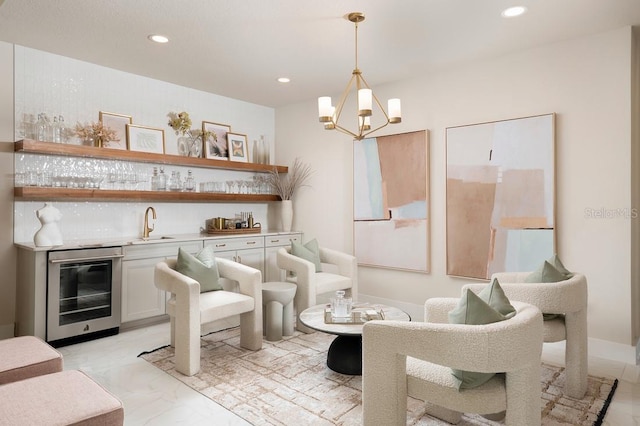 interior space featuring a notable chandelier, light tile patterned floors, and beverage cooler