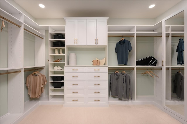 spacious closet featuring light carpet