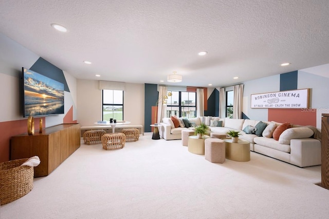 carpeted living room with a textured ceiling