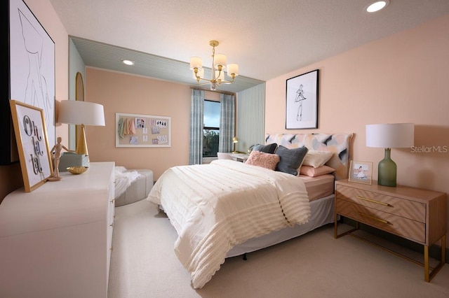 bedroom with a notable chandelier and carpet