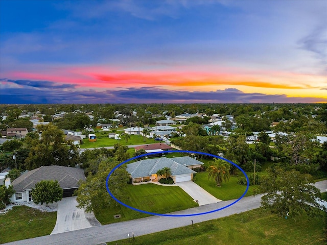 view of aerial view at dusk