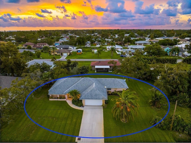 view of aerial view at dusk