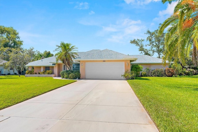 ranch-style house featuring a garage and a front lawn