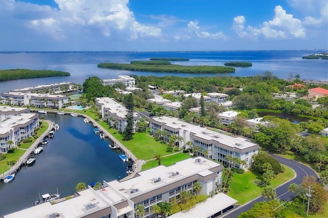 drone / aerial view featuring a water view