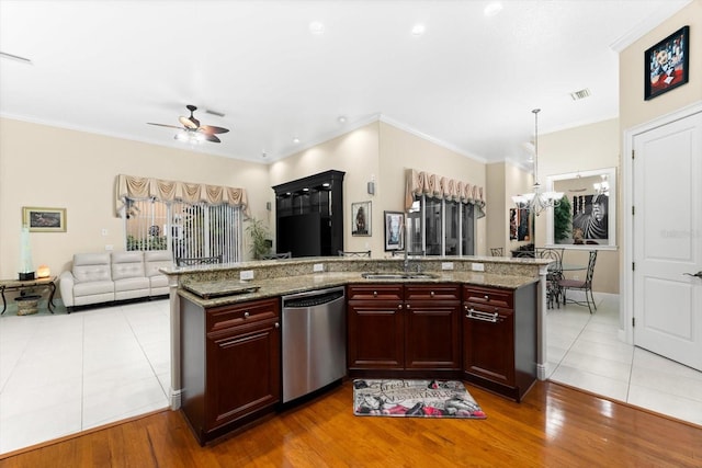 kitchen featuring stone countertops, dishwasher, light hardwood / wood-style floors, crown molding, and sink