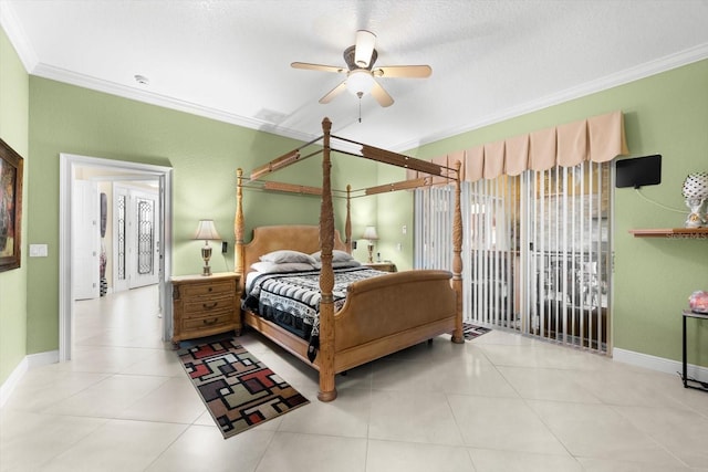 tiled bedroom with ornamental molding and ceiling fan