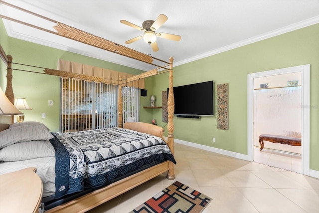 tiled bedroom featuring access to outside, crown molding, and ceiling fan