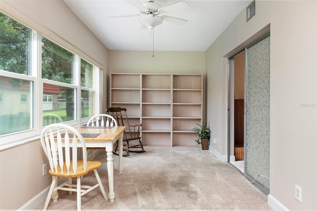 interior space with ceiling fan and a textured ceiling