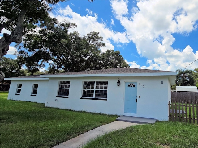 single story home with a front yard, fence, and stucco siding