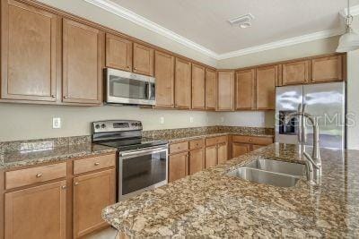 20635 Romagna Pl, Venice, FL 34293 - kitchen featuring appliances with stainless steel finishes, ornamental molding, dark stone countertops, a sink, and brown cabinetry