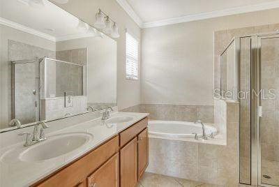 bathroom with shower with separate bathtub, ornamental molding, dual bowl vanity, and tile patterned flooring