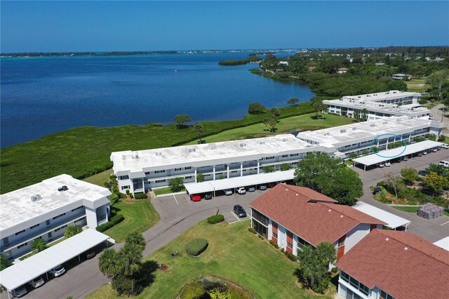 bird's eye view with a water view