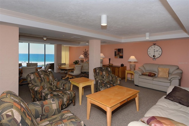 living room with carpet, a textured ceiling, a tray ceiling, and a water view